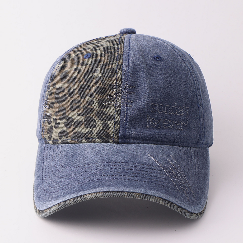 Leopard Panel Washed Ponytail Baseball Cap - Blue