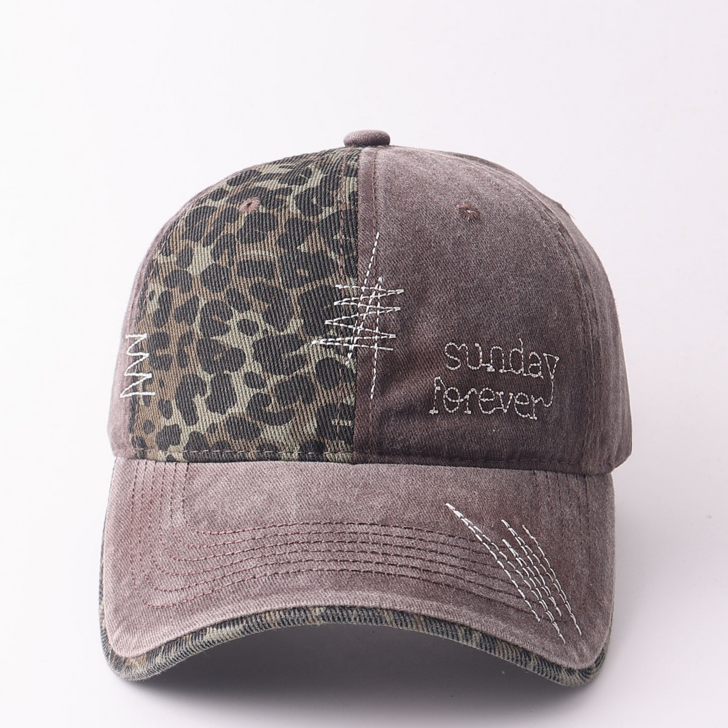 Leopard Panel Washed Ponytail Baseball Cap - Coffee