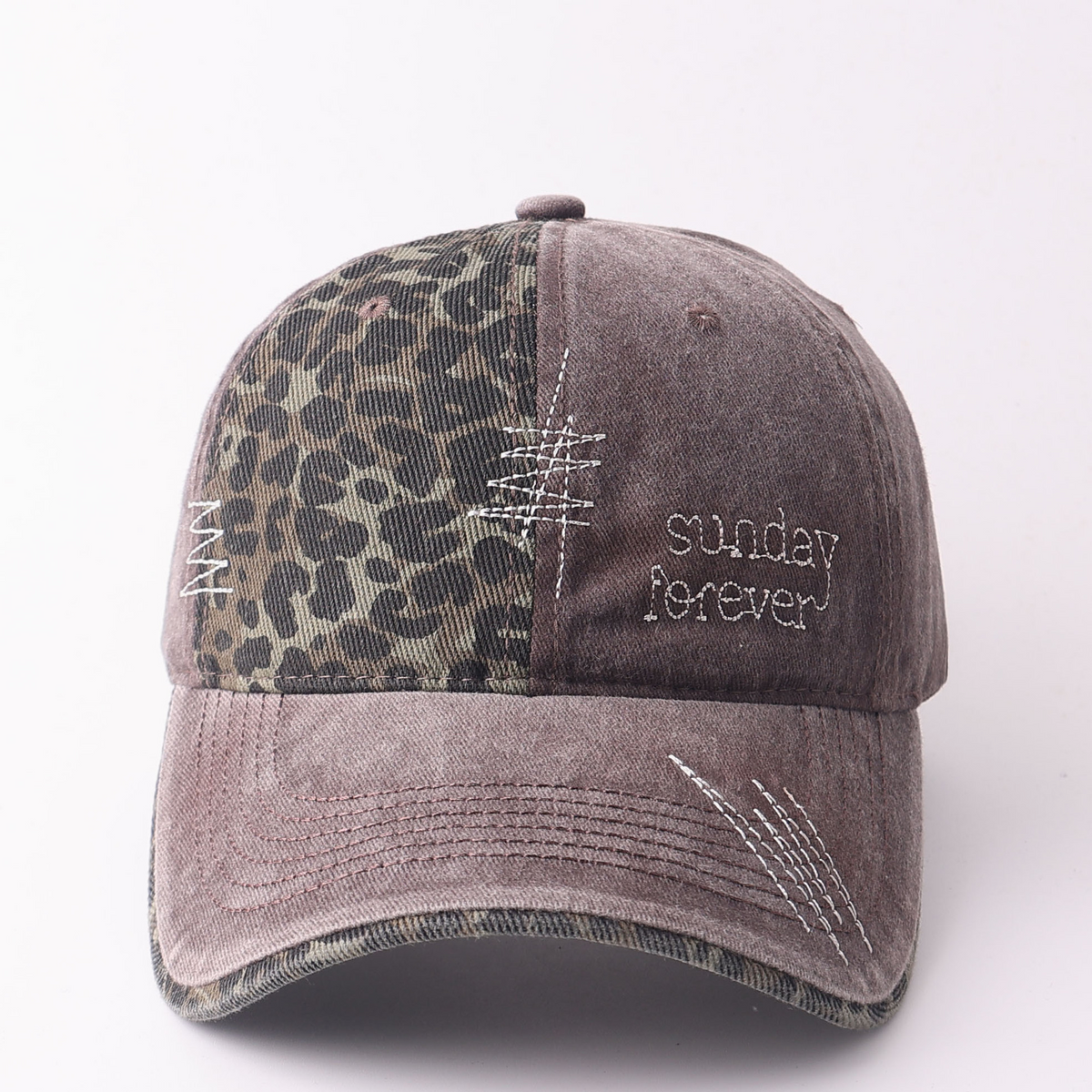 Leopard Panel Washed Ponytail Baseball Cap - Coffee