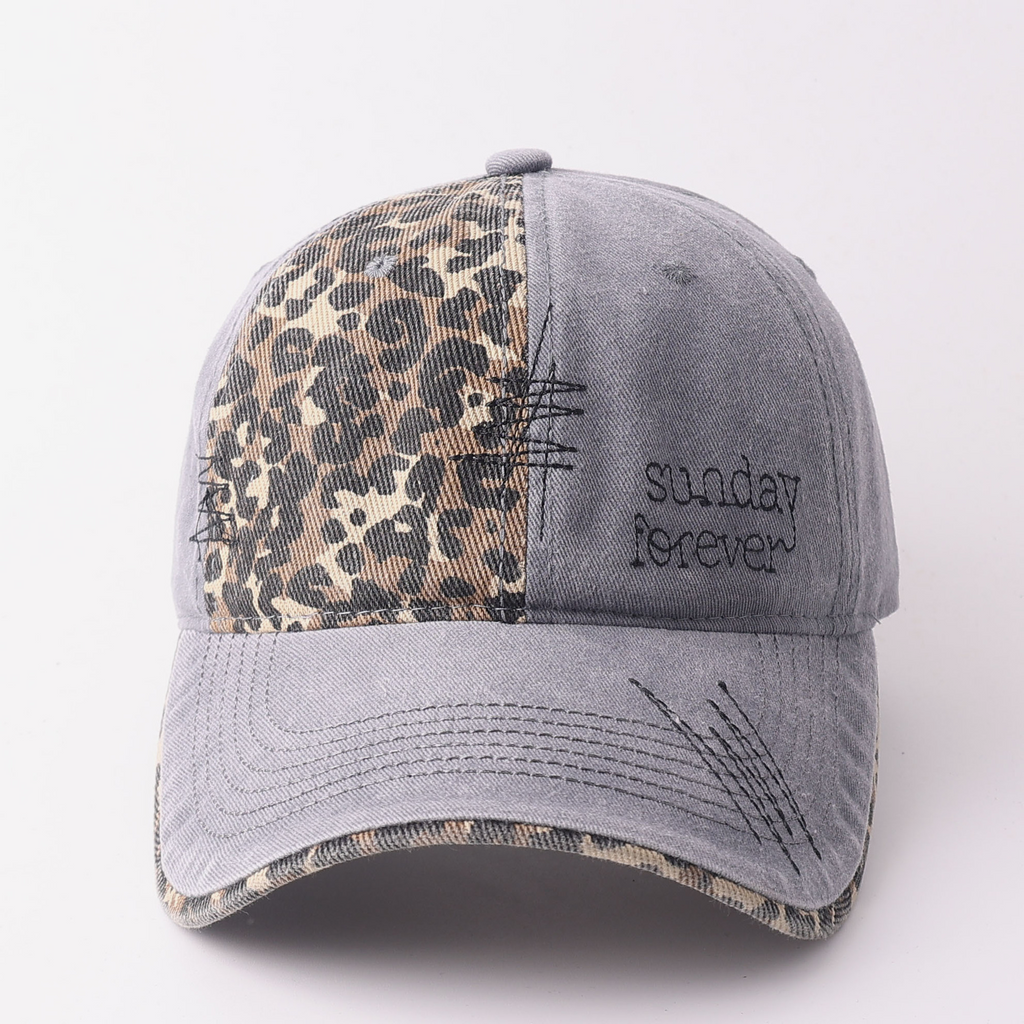 Leopard Panel Washed Ponytail Baseball Cap - Gray