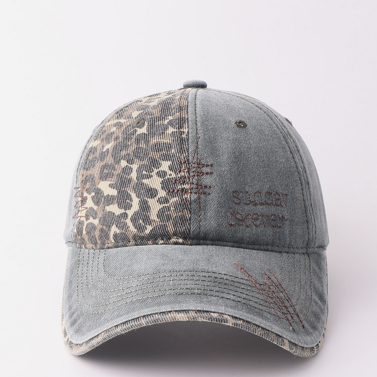 Leopard Panel Washed Ponytail Baseball Cap - Green