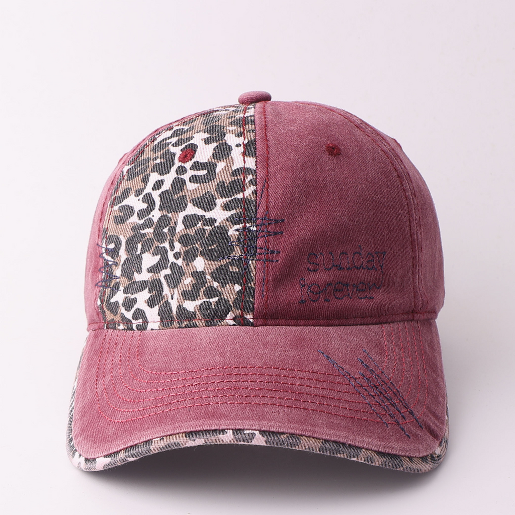 Leopard Panel Washed Ponytail Baseball Cap - Red