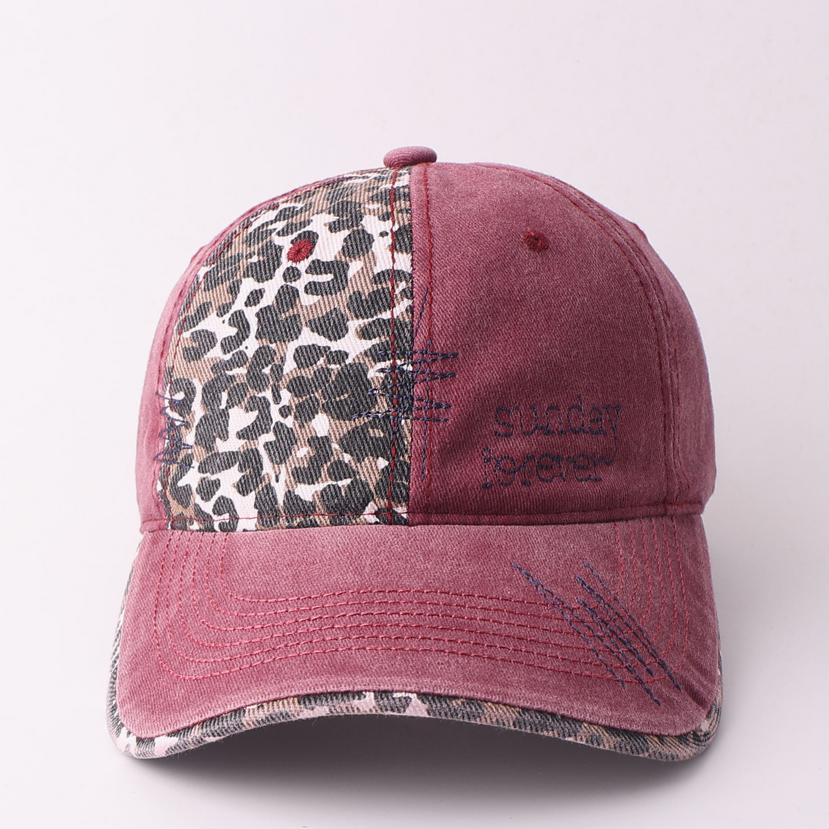 Leopard Panel Washed Ponytail Baseball Cap - Red