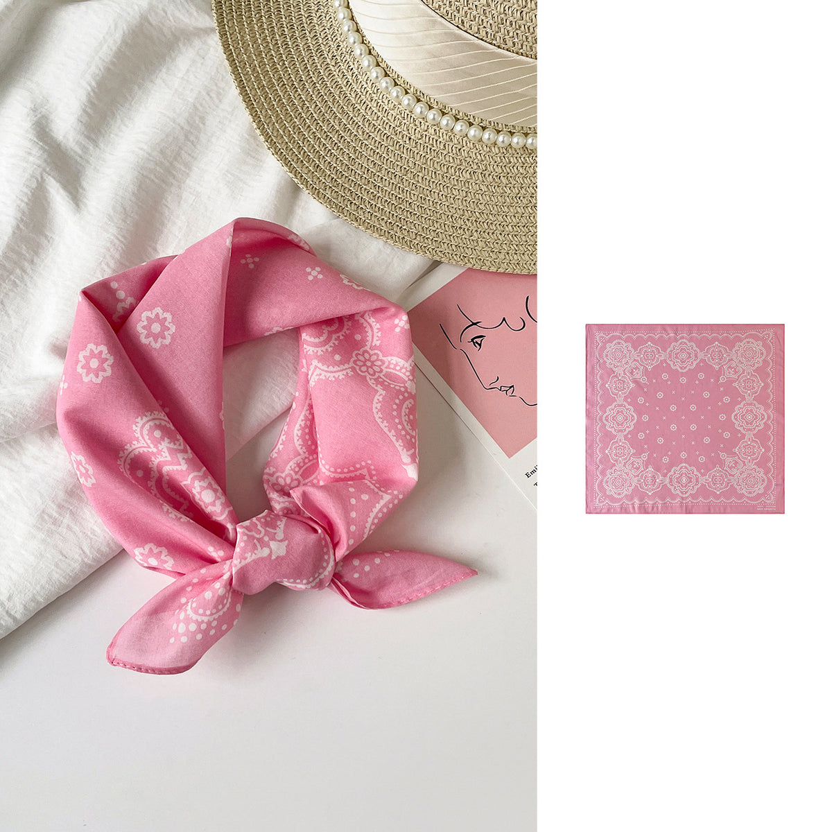 Medallion Print Square Bandana Scarf - Pink - 1