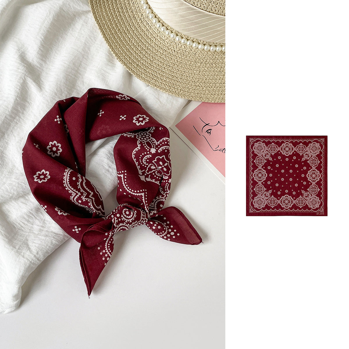 Medallion Print Square Bandana Scarf - WineRed - 1