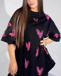 Scribble Heart Print Oversized T-Shirt - Black