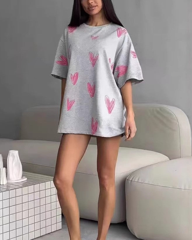 Scribble Heart Print Oversized T-Shirt - Light-Gray