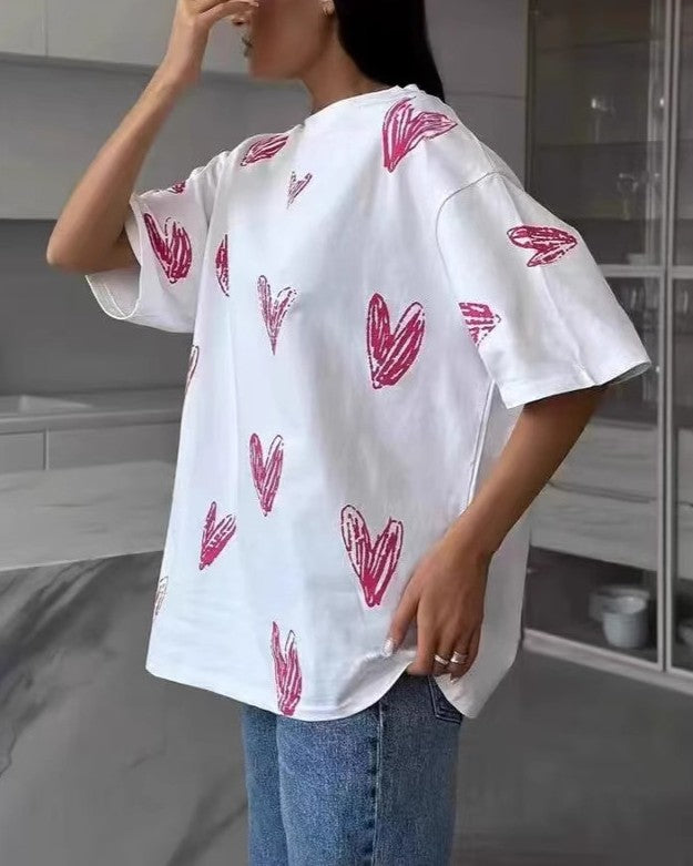 Scribble Heart Print Oversized T-Shirt - White - 1