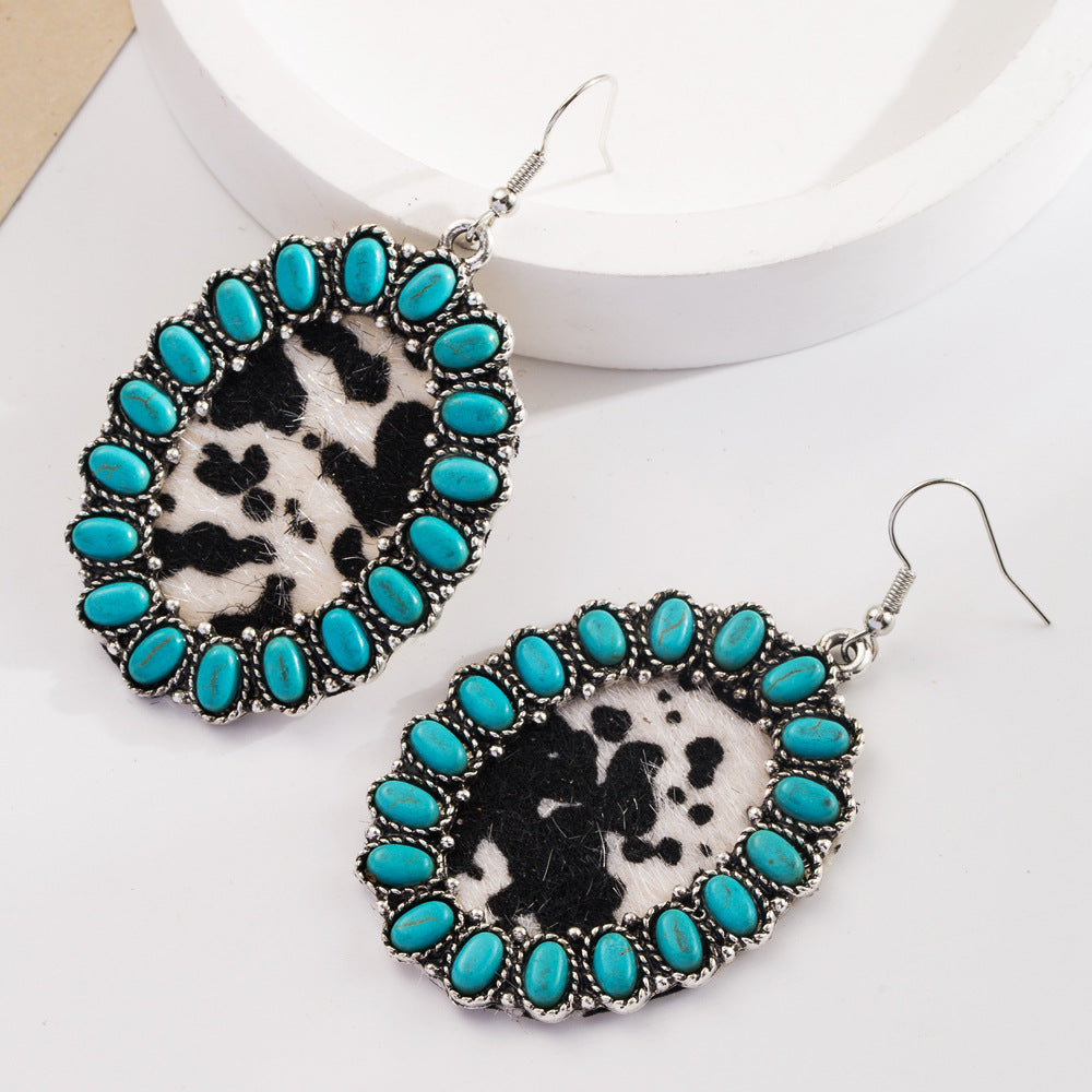Boho Oval Cluster Stone Drop Earrings - Black