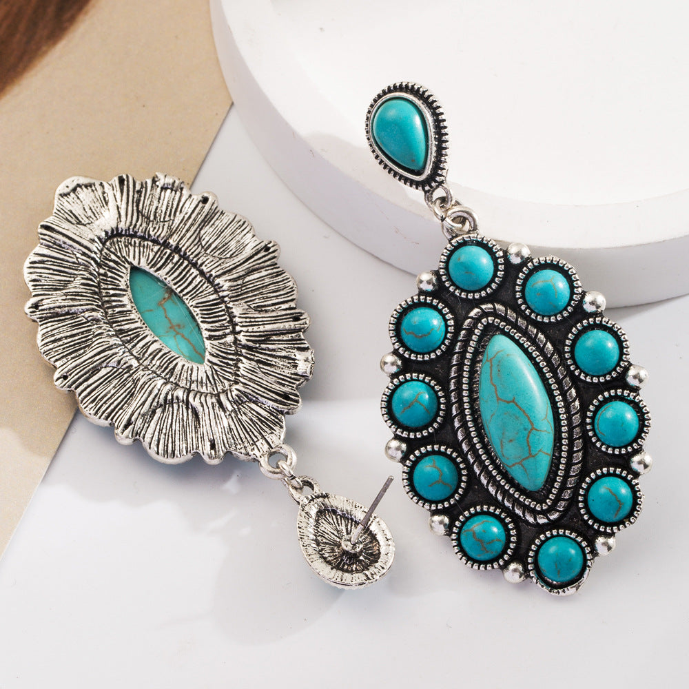 Boho Oval Cluster Stone Drop Earrings - Green - 1