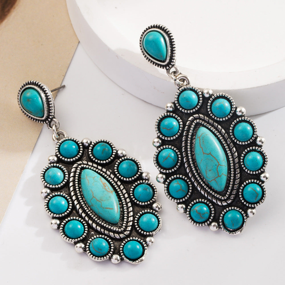 Boho Oval Cluster Stone Drop Earrings - Green - 2