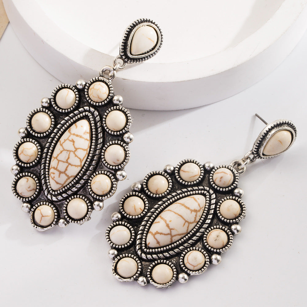 Boho Oval Cluster Stone Drop Earrings - White