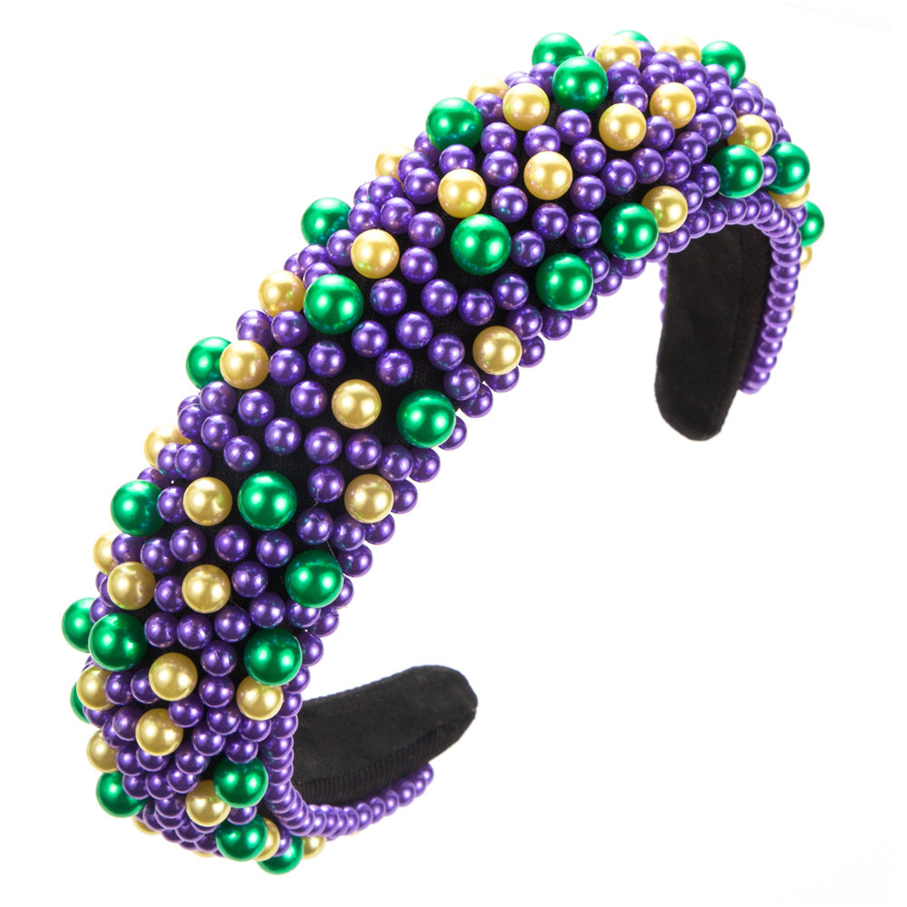 Beaded Faux Pearl Wide Padded Headband - C1