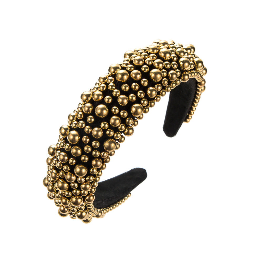 Beaded Faux Pearl Wide Padded Headband - C3