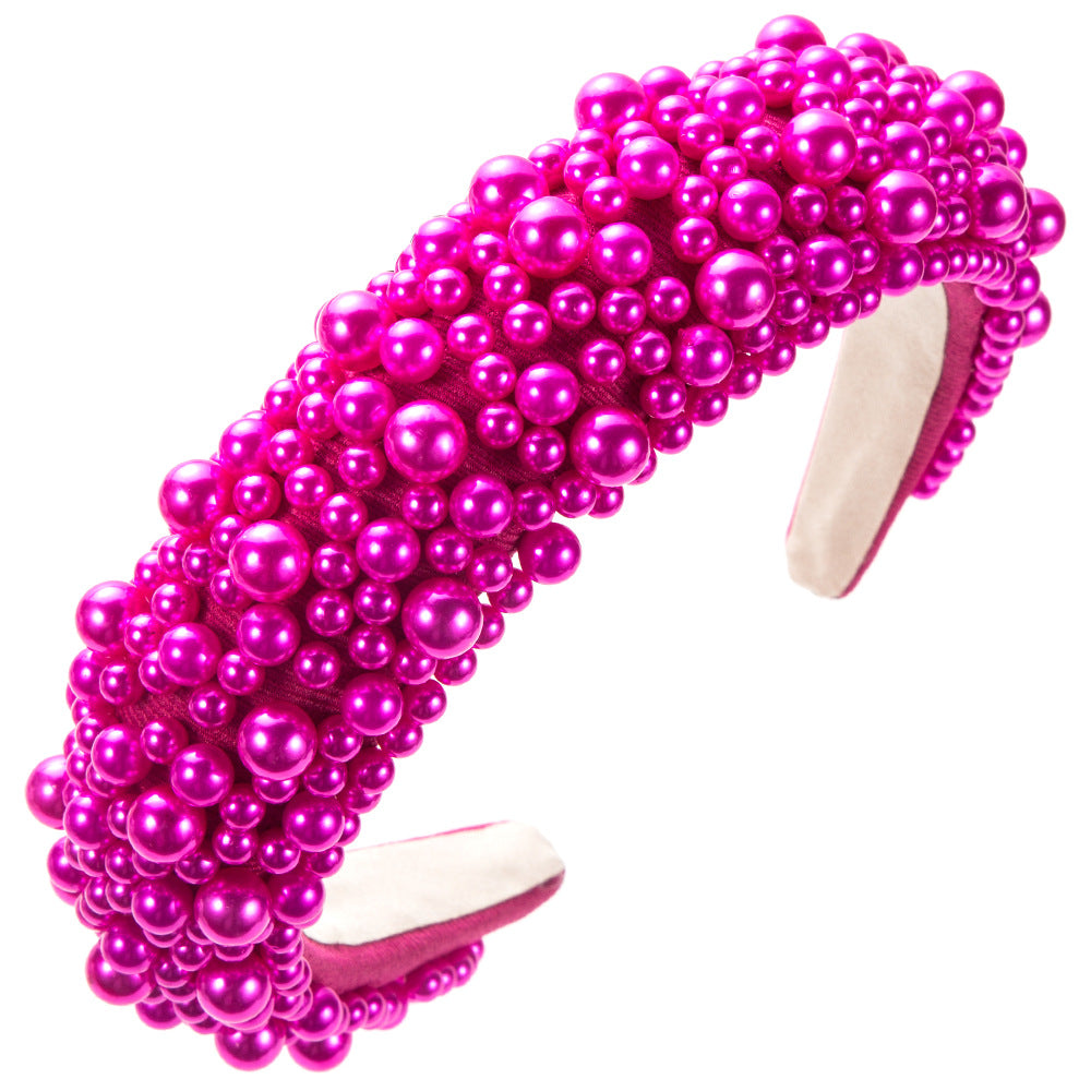 Beaded Faux Pearl Wide Padded Headband - C4