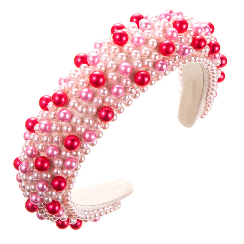 Beaded Faux Pearl Wide Padded Headband - C5