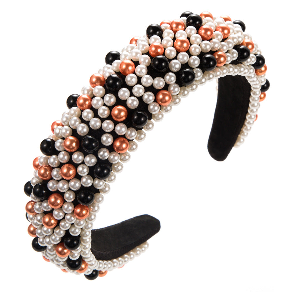 Beaded Faux Pearl Wide Padded Headband - C9