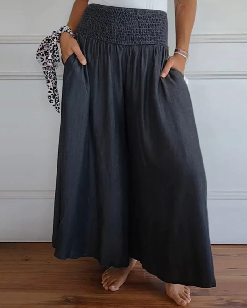 Smocked High Waist Wide Leg Palazzo Pants - BlackGray