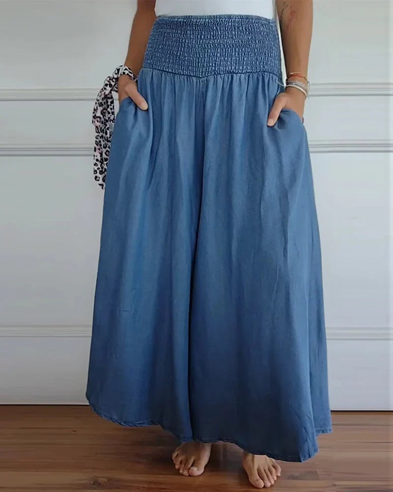 Smocked High Waist Wide Leg Palazzo Pants - Blue