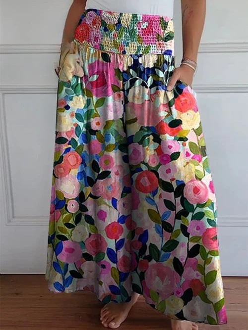 Smocked High Waist Wide Leg Palazzo Pants - Flower