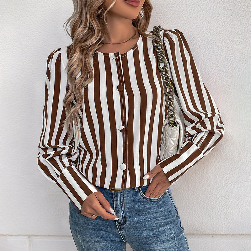 Vertical Stripe Button Front Puff Sleeve Blouse - Brown