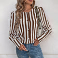 Vertical Stripe Button Front Puff Sleeve Blouse - Brown