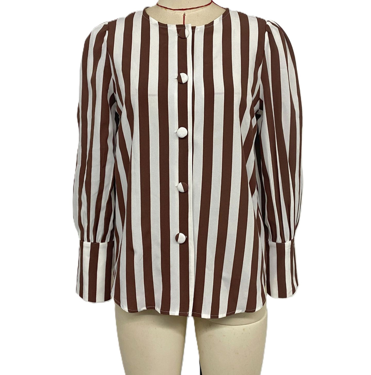 Vertical Stripe Button Front Puff Sleeve Blouse - Brown - 1