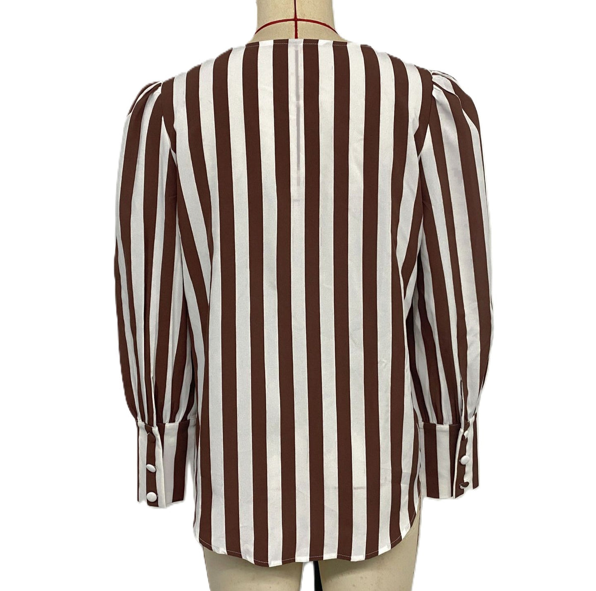 Vertical Stripe Button Front Puff Sleeve Blouse - Brown - 2