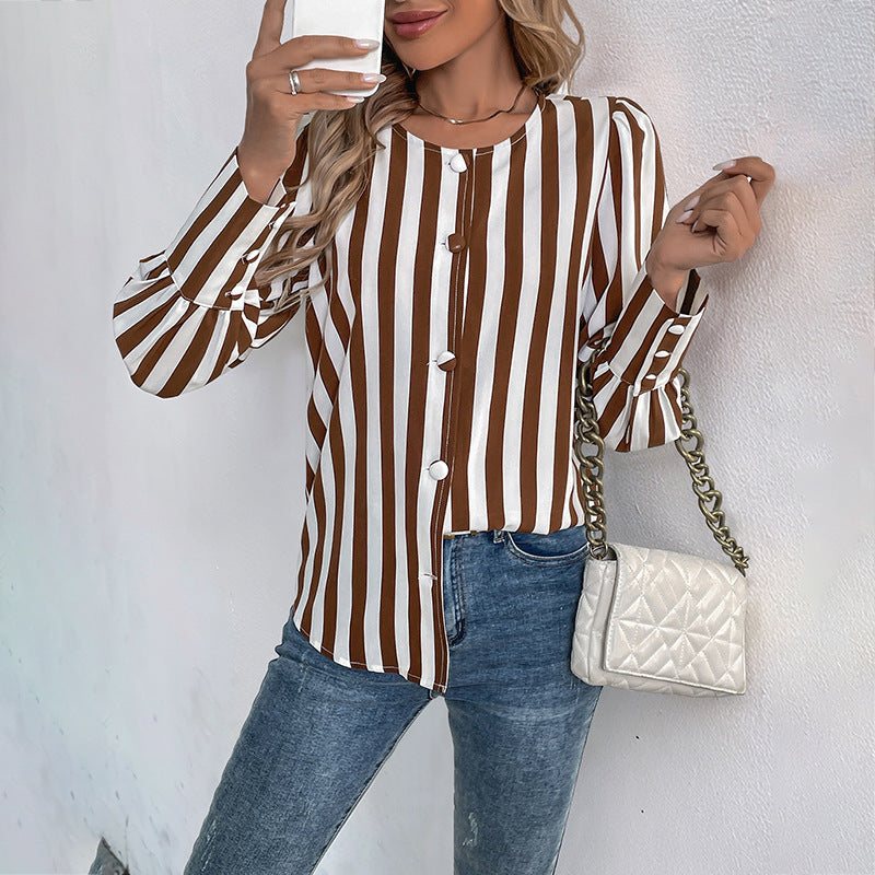 Vertical Stripe Button Front Puff Sleeve Blouse