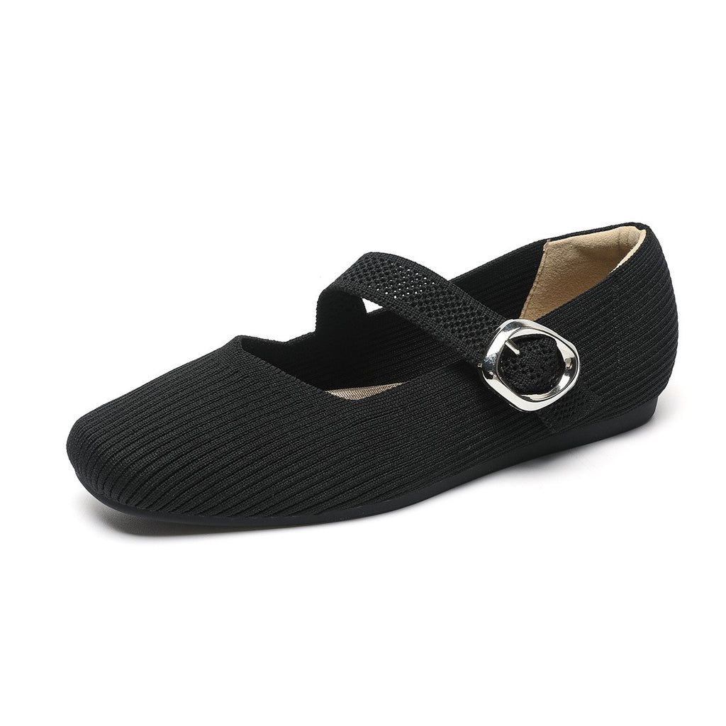 Square Toe Knit Buckle Mary Jane Flats - Black