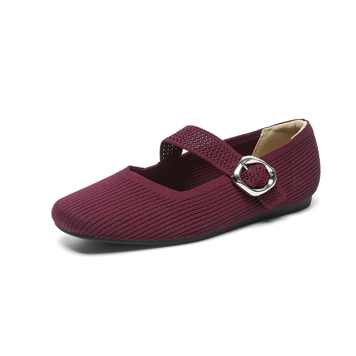 Square Toe Knit Buckle Mary Jane Flats - Burgundy