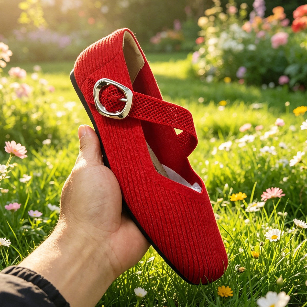 Square Toe Knit Buckle Mary Jane Flats