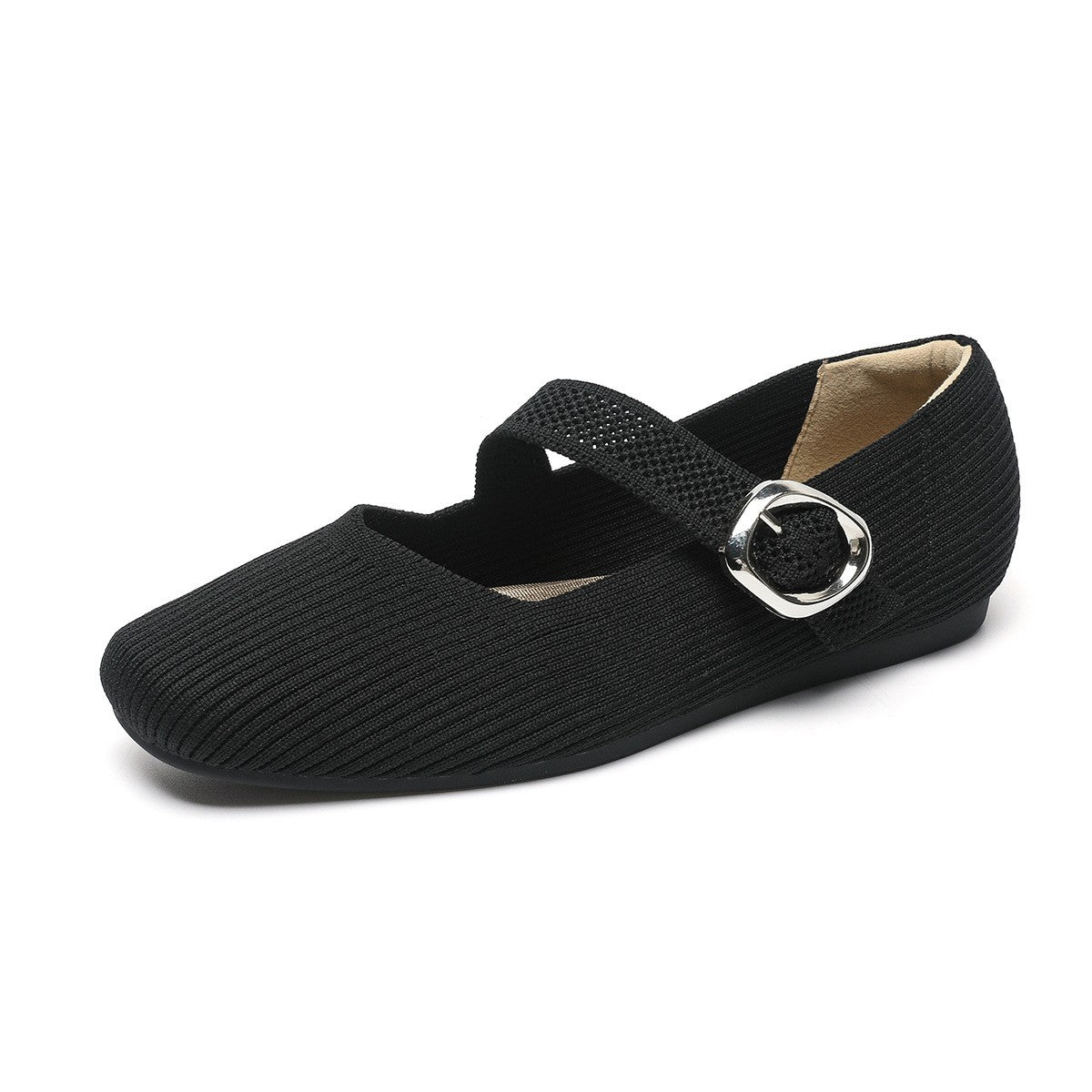 Square Toe Knit Buckle Mary Jane Flats