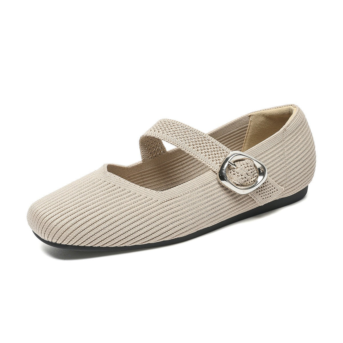 Square Toe Knit Buckle Mary Jane Flats
