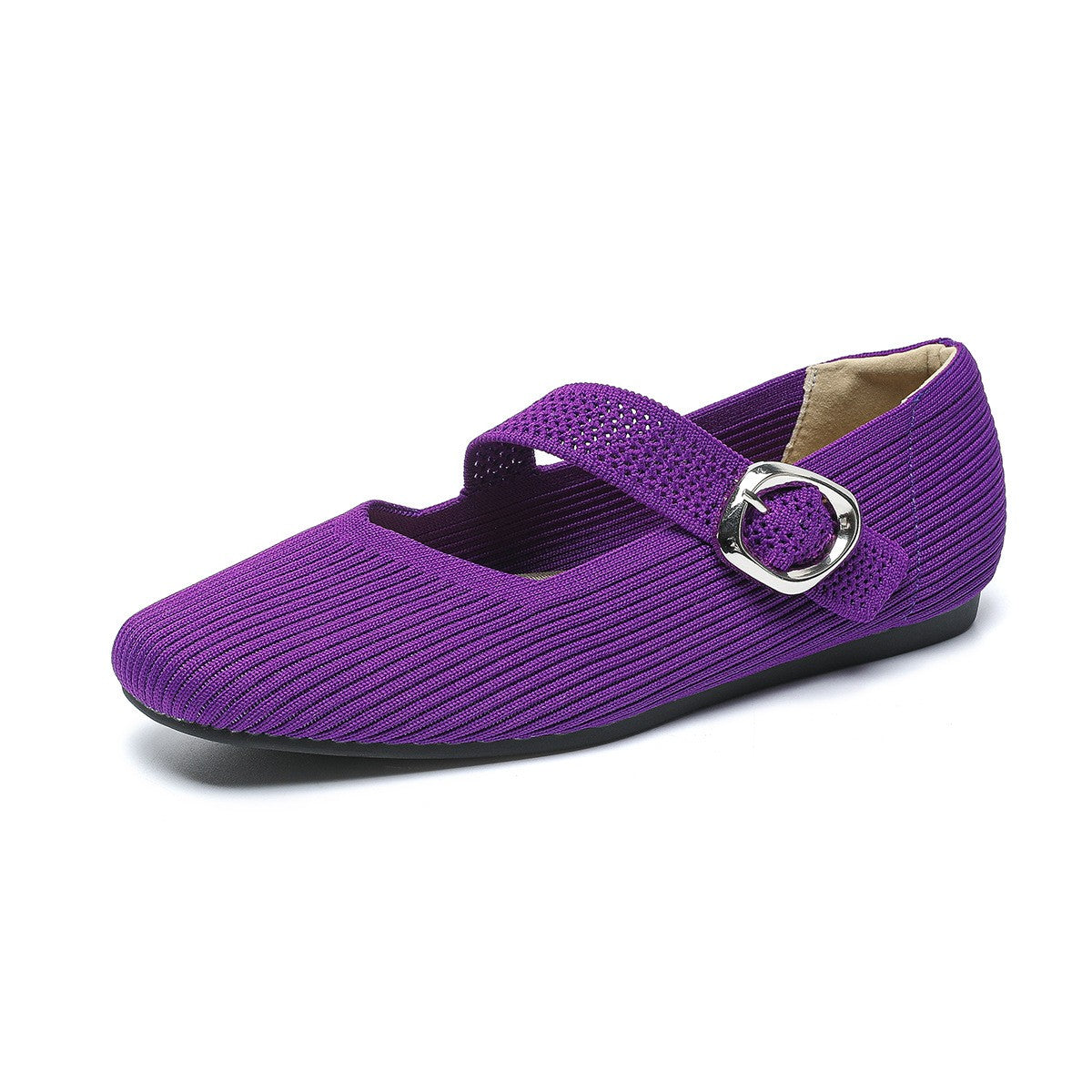 Square Toe Knit Buckle Mary Jane Flats