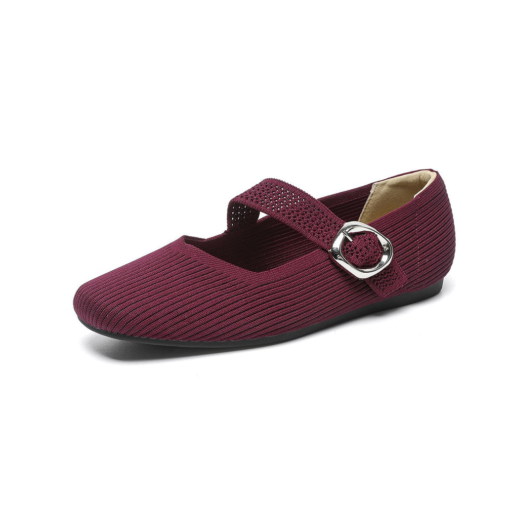 Square Toe Knit Buckle Mary Jane Flats