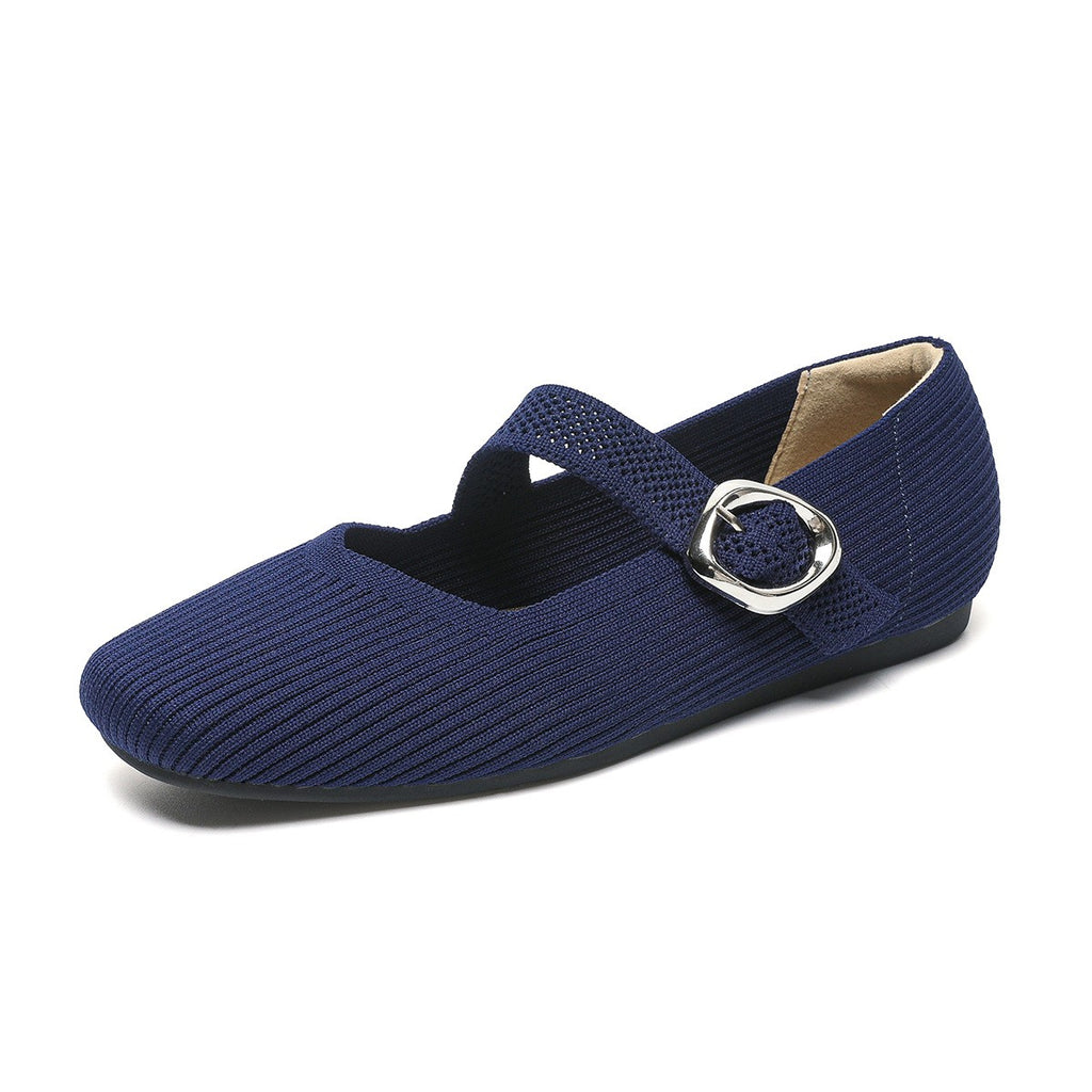 Square Toe Knit Buckle Mary Jane Flats
