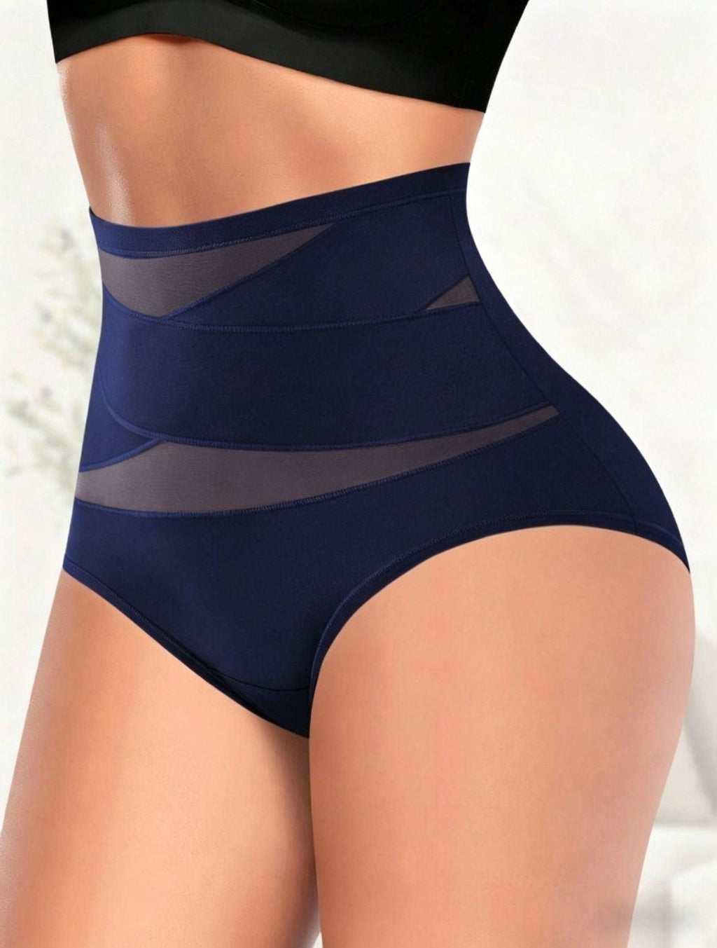 Cross Band Mesh High Waist Tummy Control Brief - Navy