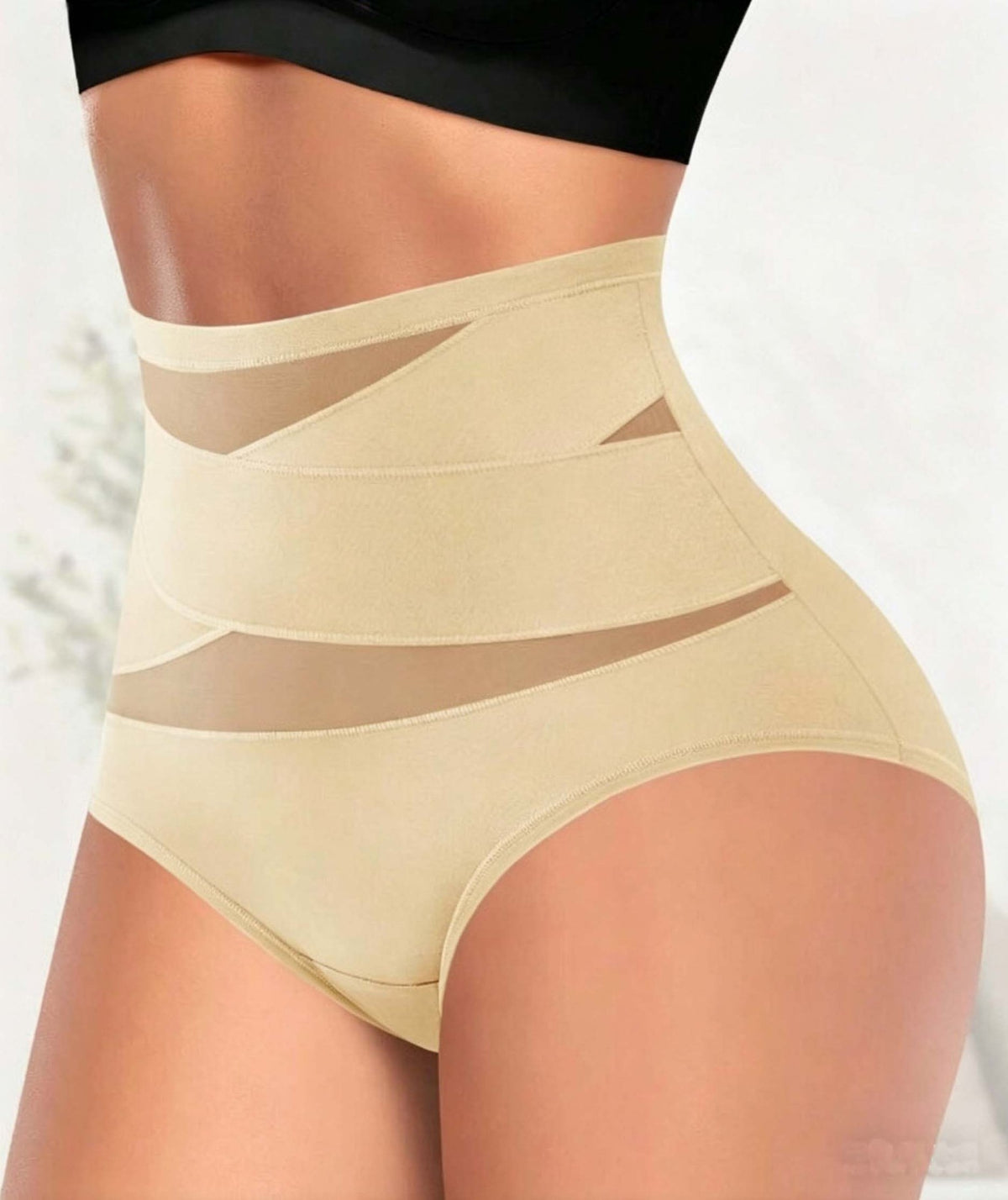 Cross Band Mesh High Waist Tummy Control Brief - Nude