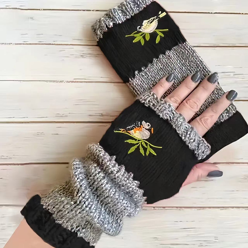 Embroidered Colour Block Fingerless Gloves - Bird_01