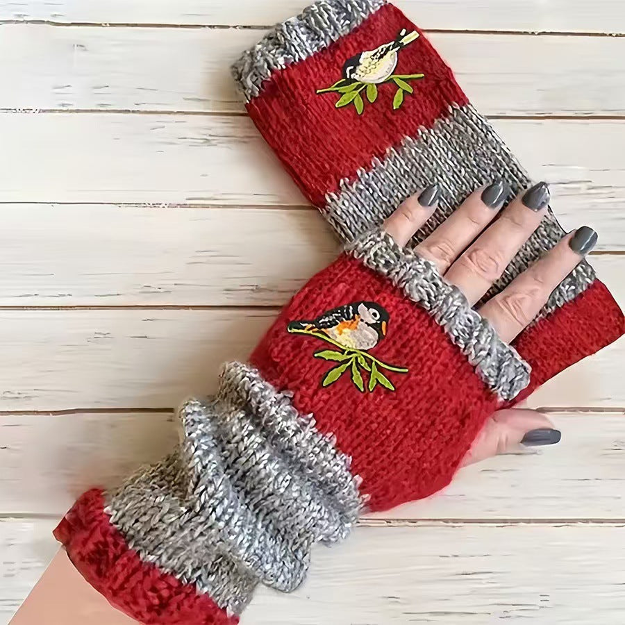 Embroidered Colour Block Fingerless Gloves - Bird_02