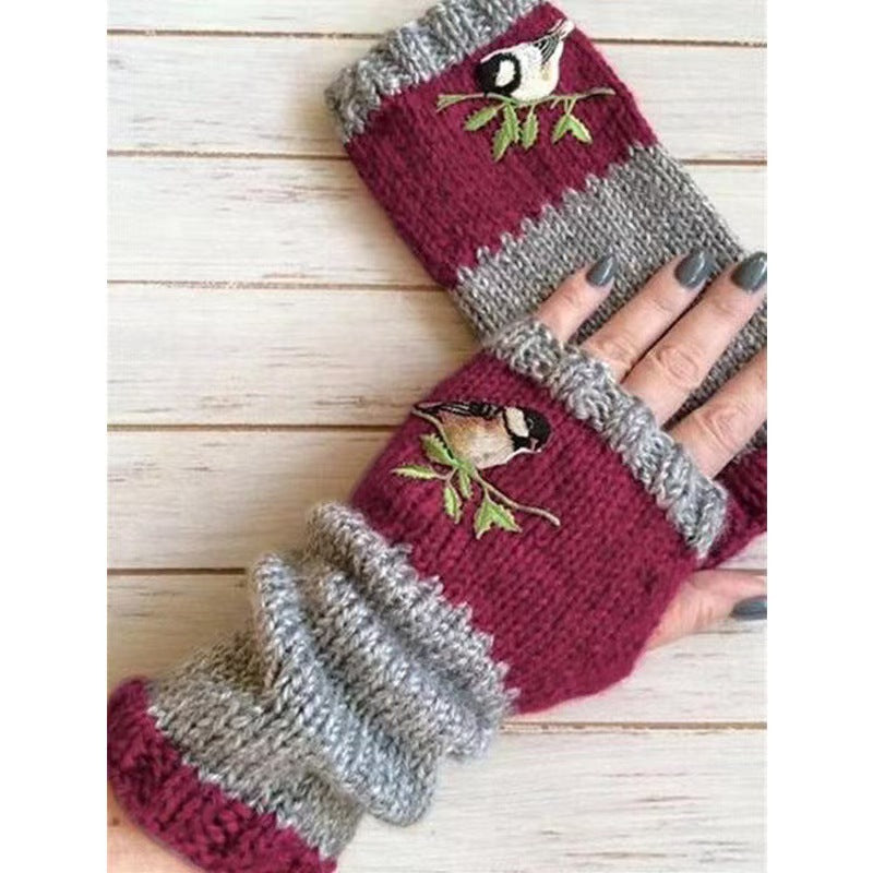 Embroidered Colour Block Fingerless Gloves - Bird_03