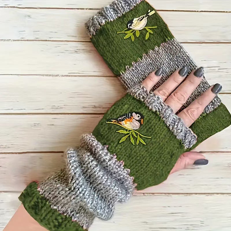 Embroidered Colour Block Fingerless Gloves - Bird_04