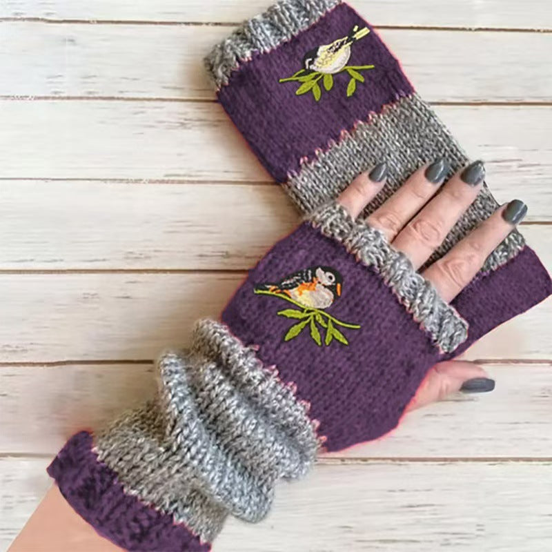 Embroidered Colour Block Fingerless Gloves - Bird_05