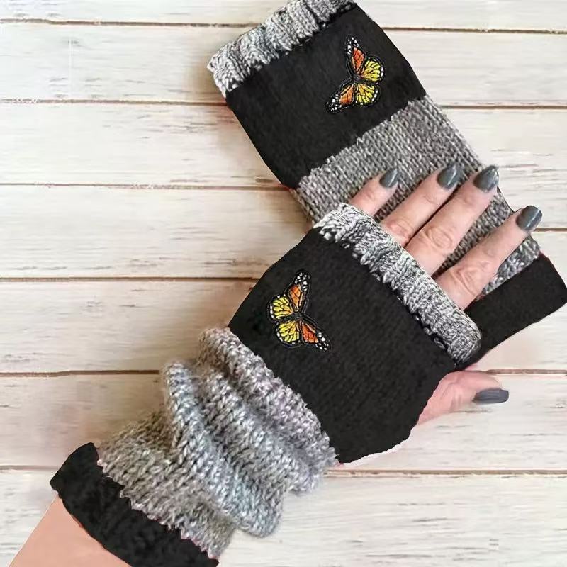 Embroidered Colour Block Fingerless Gloves - Butterfly_01