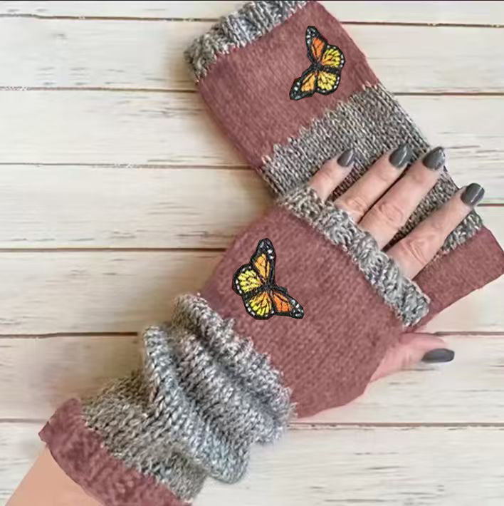 Embroidered Colour Block Fingerless Gloves - Butterfly_02