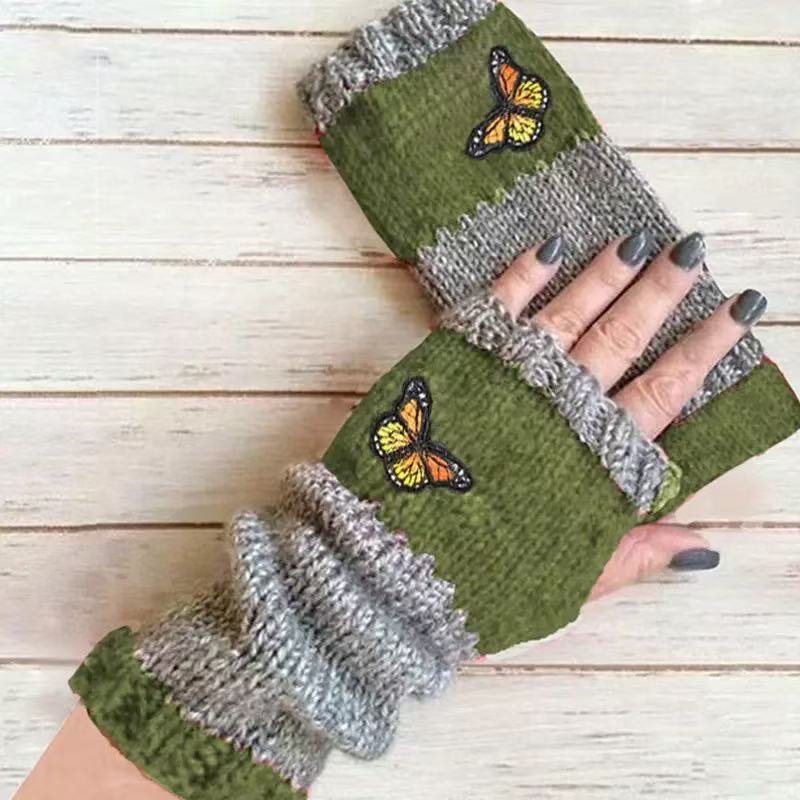 Embroidered Colour Block Fingerless Gloves - Butterfly_03
