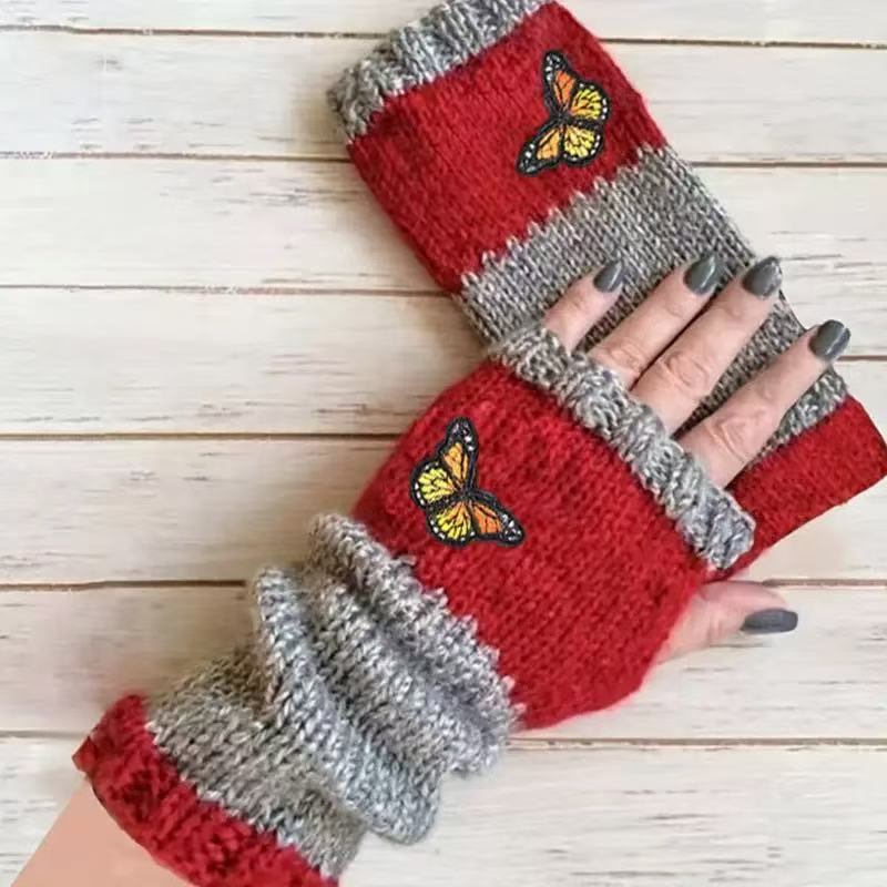 Embroidered Colour Block Fingerless Gloves - Butterfly_04