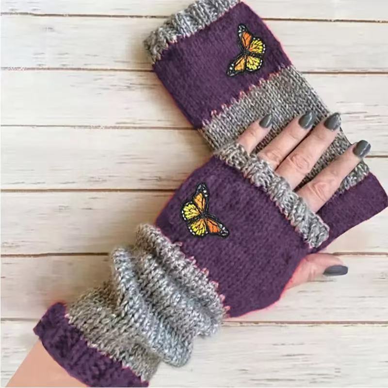 Embroidered Colour Block Fingerless Gloves - Butterfly_05