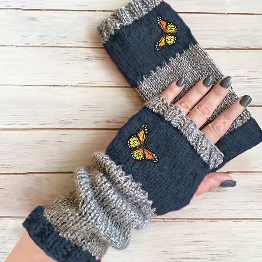 Embroidered Colour Block Fingerless Gloves - Butterfly_06